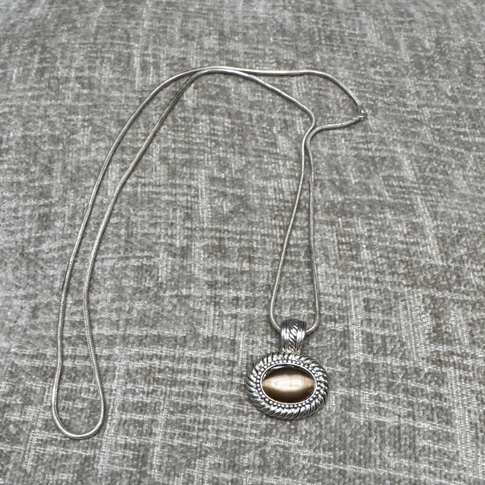 Sterling-Style Silver Necklace with Brown Stone Pendant